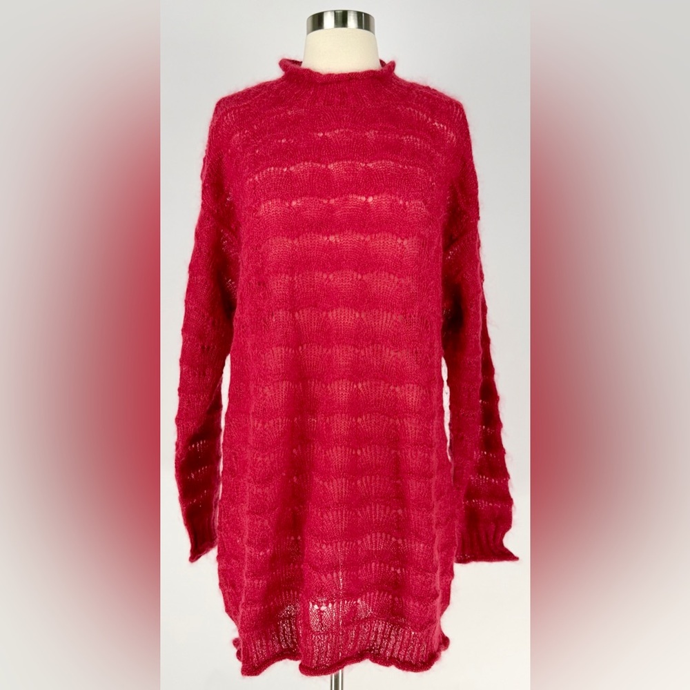 Vintage Esprit Mohair Blend Sweater Dress Medium Red Open Crochet Tunic Pullover